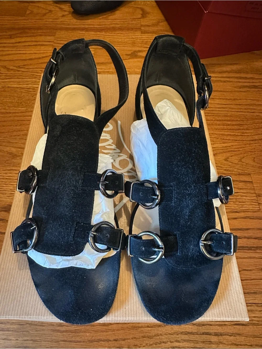 Christian Louboutin Black Suede Triple Buckle Sandals